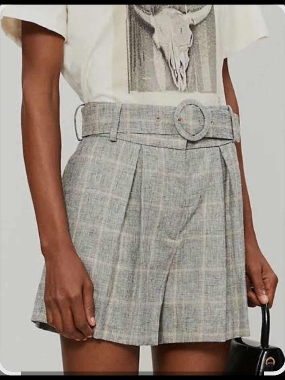 Sandro Light Gray Plaid High-Waist Belted Shorts